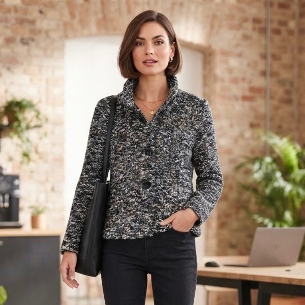 Betty Barclay Collection Black & White Boucle Button Front Jacket Stand Collar